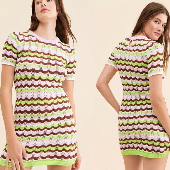 Olivia Rubin Hailey Green Brown Cotton Pointelle Mini Dress 27025 - Picture 1 of 9